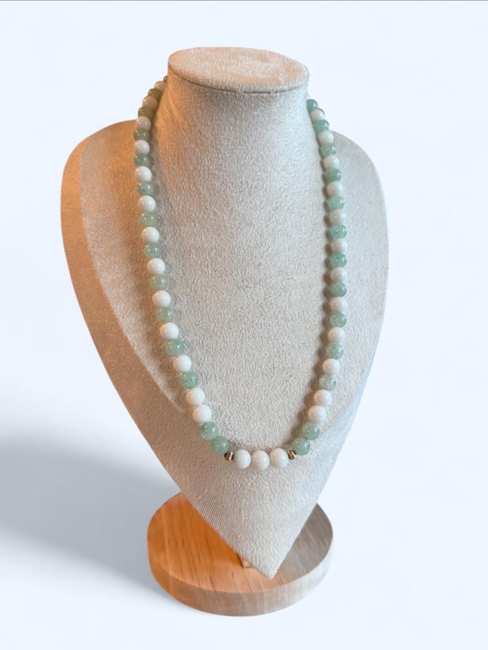 Vintage Mint Green and White Stone Beaded Necklace with Subtle Gold Accents